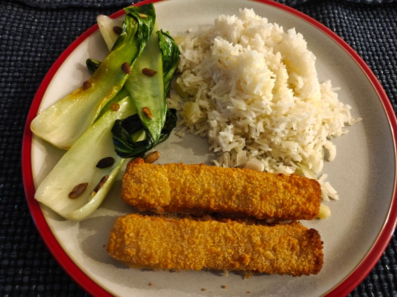 Katuh Pak Rice Pan-Seared Pak Choi with Basmati Rice and Breaded Cod Fish Fingers ...